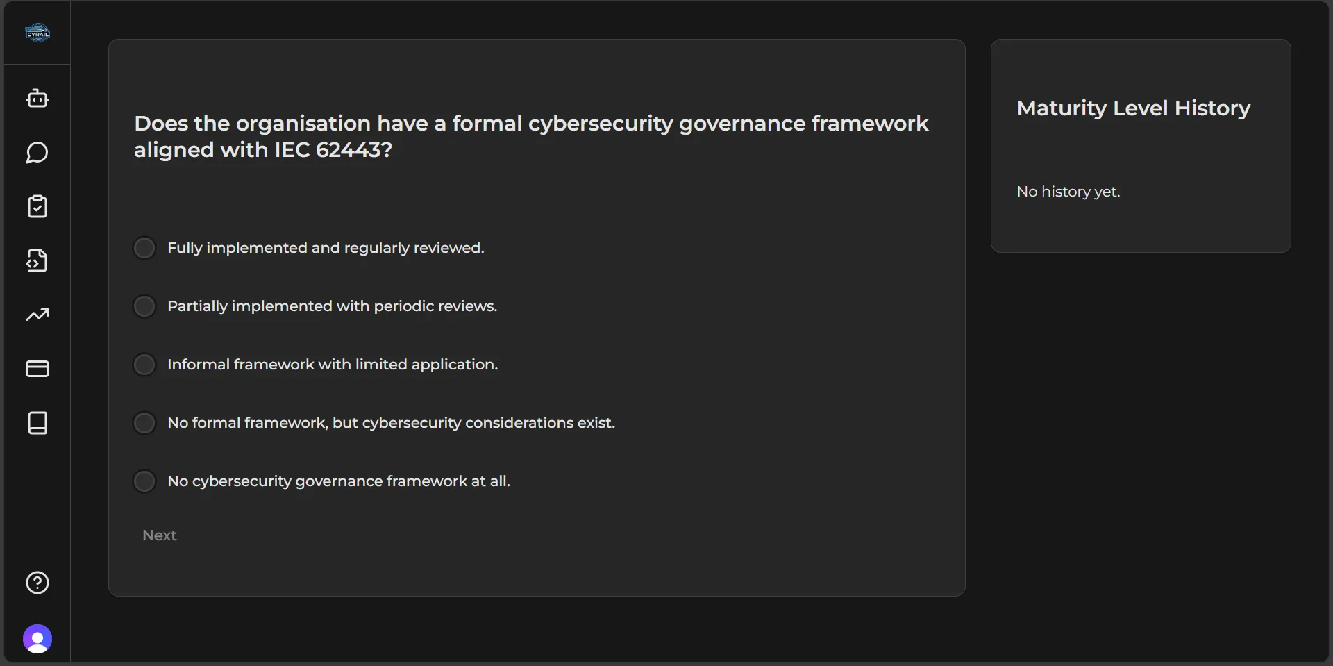 Maturity Assessment — cybersecurity maturity scoring dashboard aligned to IEC 62443